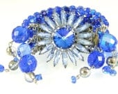Something Blue Bridal - Cuff Bracelet - Flower Brooch- Brooch Jewelry - Swarovski Crystal Elements - Rhinestones- Blues