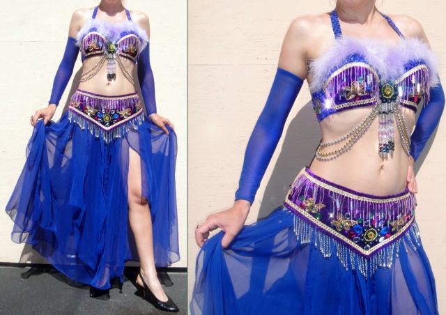 Ameynra BELLY DANCE COSTUME Purple Blue with Feather Boa, Size S, new