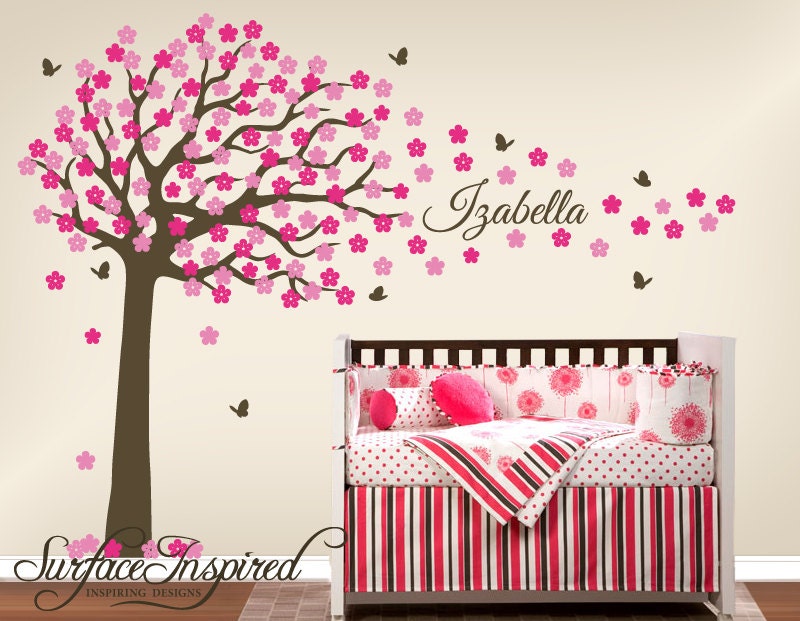 Wall Decals Nursery - Large cherry blossom tree with pink and soft pink blossoms - Baby Tree Wall Decals 872