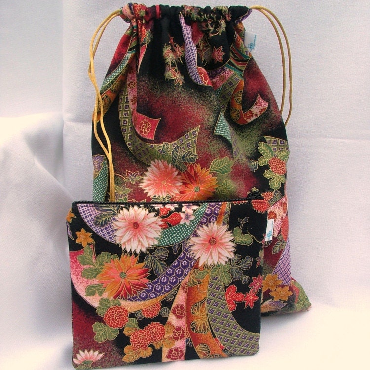Project Bag Set for knitters crocheters spinners felters - One Medium Drawstring, one Zipper Notions bag - Black Asian Floral