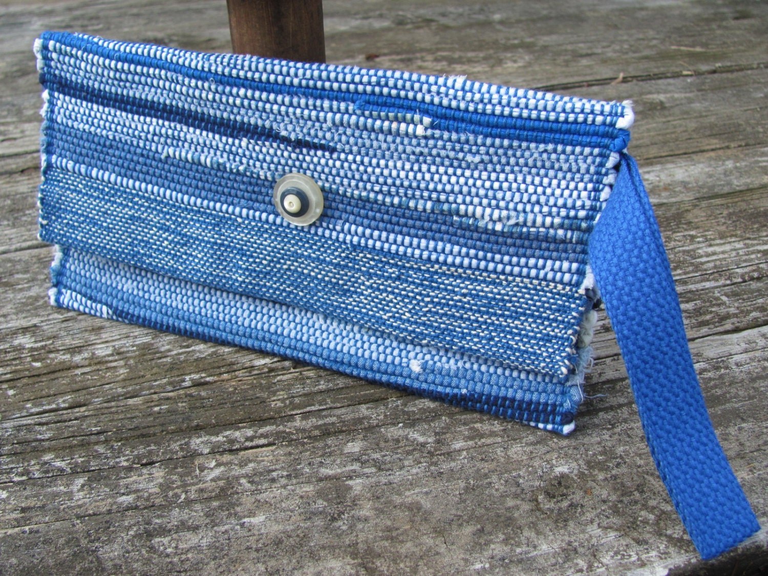Blue Casual Envelope Clutch Purse, Hand Woven Cotton Rag, Button Bling, Spring, Summer Seaside Cottage Chic, Recycled Upcycled Wristlet