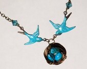 Family Birds Nest Necklace - Real Turquoise - Antique Brass - Mother & Father Bird with Nest