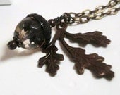 Brown Crystal Pendant Necklace Acorn Necklace Fall Jewelry Vintage Style Brass Jewelry
