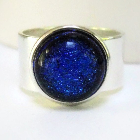 Blue and Silver Ring Aqua Blue Glass Ring Cobalt Blue Silver Dichroic Glass Ring Cobalt Ring Blue Rhapsody