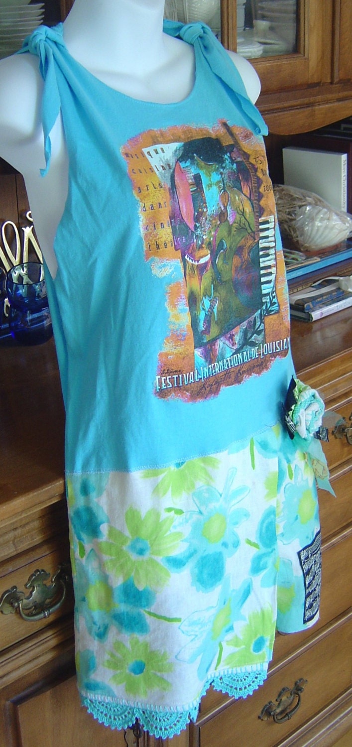 Tattered T-shirt Dress, Eco Friendly, Up Cycled, Beach Cover, Party, Louisiana Jazzy Music Fun