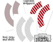Red, White and Gray Cupcake Wrapper Trio, Chevron Cupcake Wrappers, Polka Dot Cupcake Holder, Stripes Cupcake Wrap