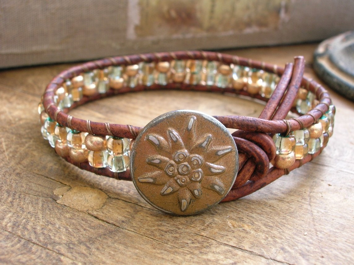 Beachy leather wrap bracelet - Golden Sands - stack bracelet, beach jewelry aqua, champagne, bronze, Bohemian jewelry, boho chic, surfer