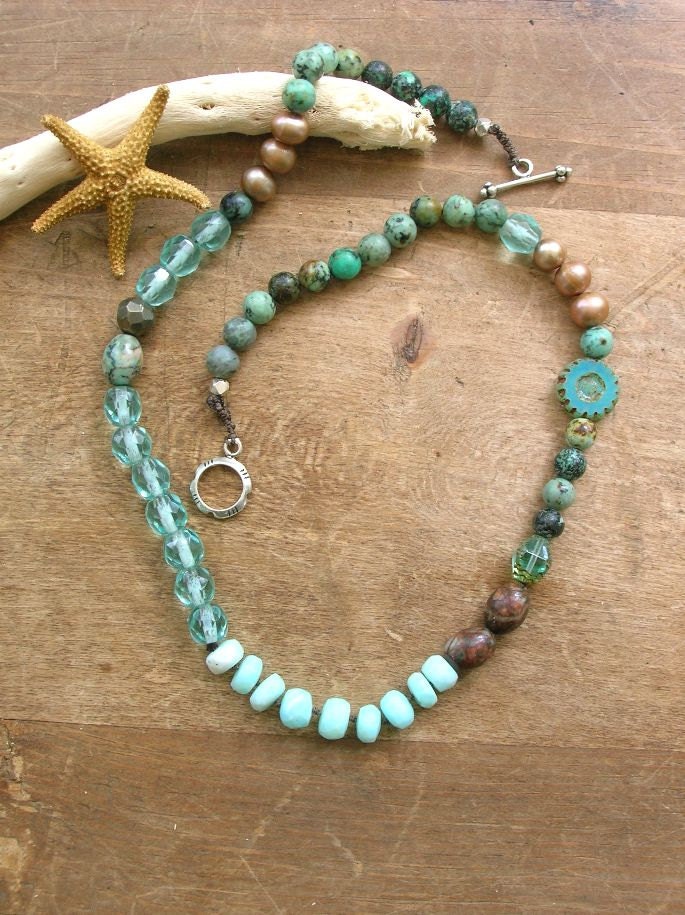Bohemian necklace - Waterfall - boho chic jewelry, blue opals, turquoise, sterling silver, vintage, beaded necklace, sundance