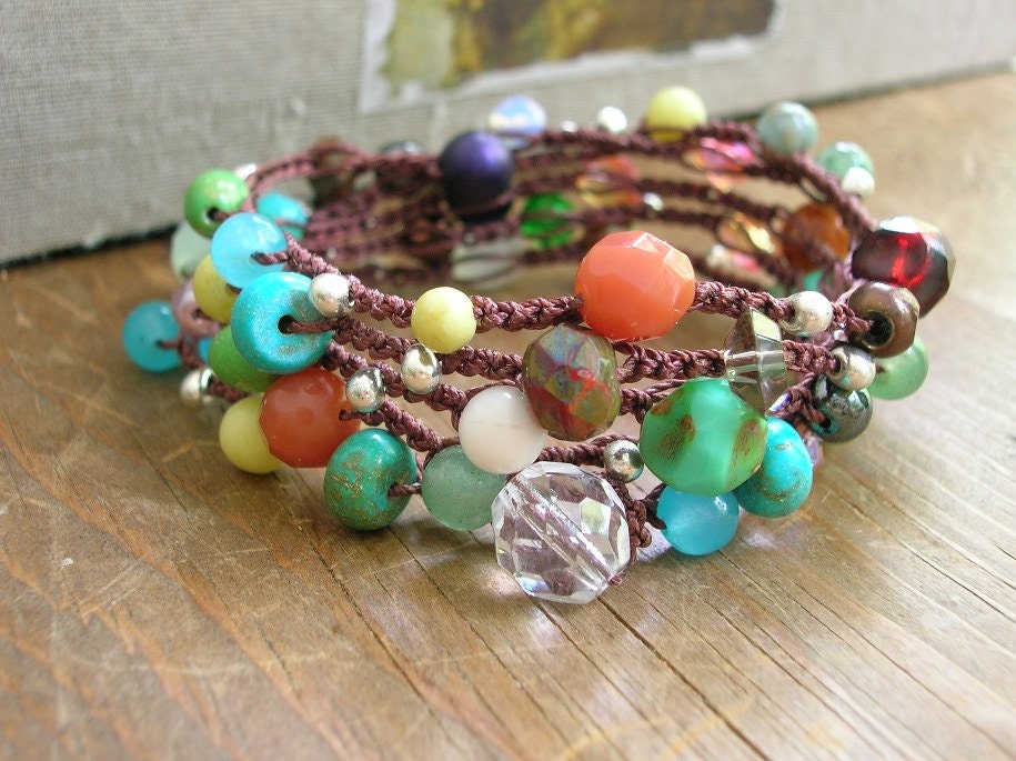 Colorful crochet wrap bracelet, Bohemian crochet jewelry, long crochet necklace, tribal gypsy boho bracelet earthy, czech glass, gemstones