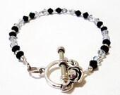 Black Grey  Gray Crystal Bicone Silver Toggle Clasp Beaded Bracelet, Prom, Bridal Mothers Day Gift