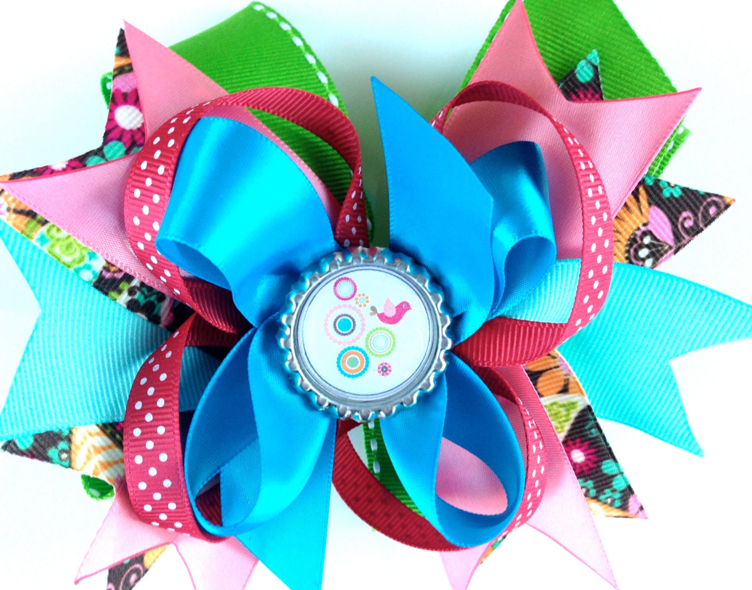Layered Hair Bow with Birdie Bottle Cap Center