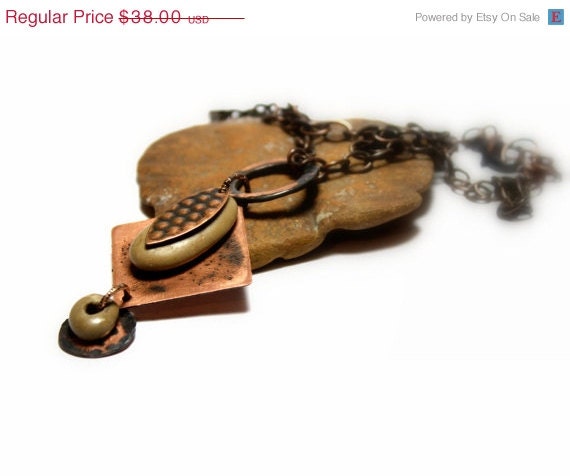 SALE Oxidized Copper Jewelry- Hammered Stone Necklace- Handcrafted Mixed Metals with Beach Pebbles by Allybeans