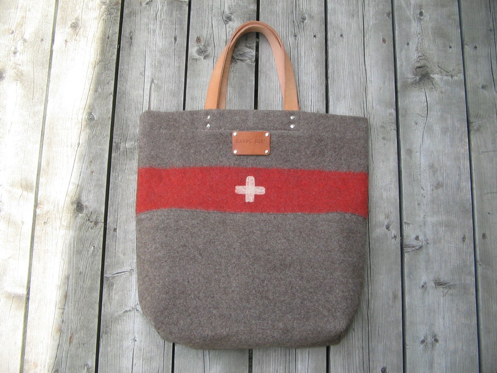 Swiss Army Wool Blanket  Bag - XL- Gray / taupe- red  stripe - Carry All Tote- Personalized- Top Grade Leather Handles - Great Gift Idea