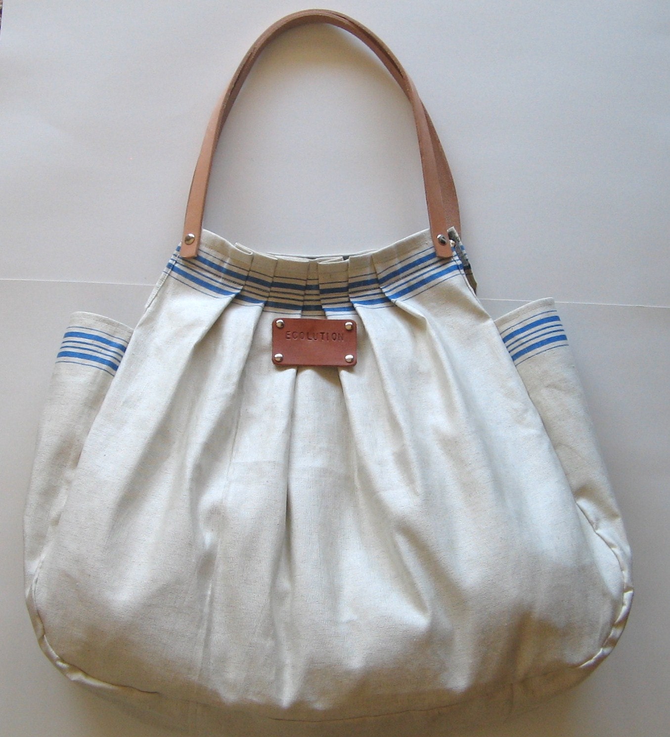 Sophie. XL French Linen Bag - blue striped Beach Bag- Leather handles- Personalized. Unique. Handmade. Sand - blue stripes