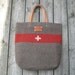 Swiss Army Wool Blanket Bag - XL- Gray / taupe- red stripe - Carry All Tote- Personalized- Top Grade Leather Handles - Great Gift Idea