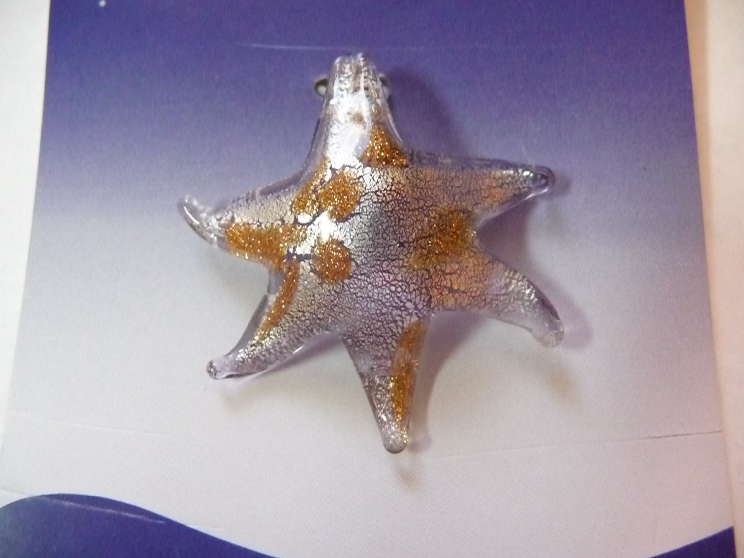 Focal,Lampworked Glass, Starfish,Purple, silver colored foil, and gold, copper colored glitter, 36x35mm to 38x36mm, Pkg Of 1
