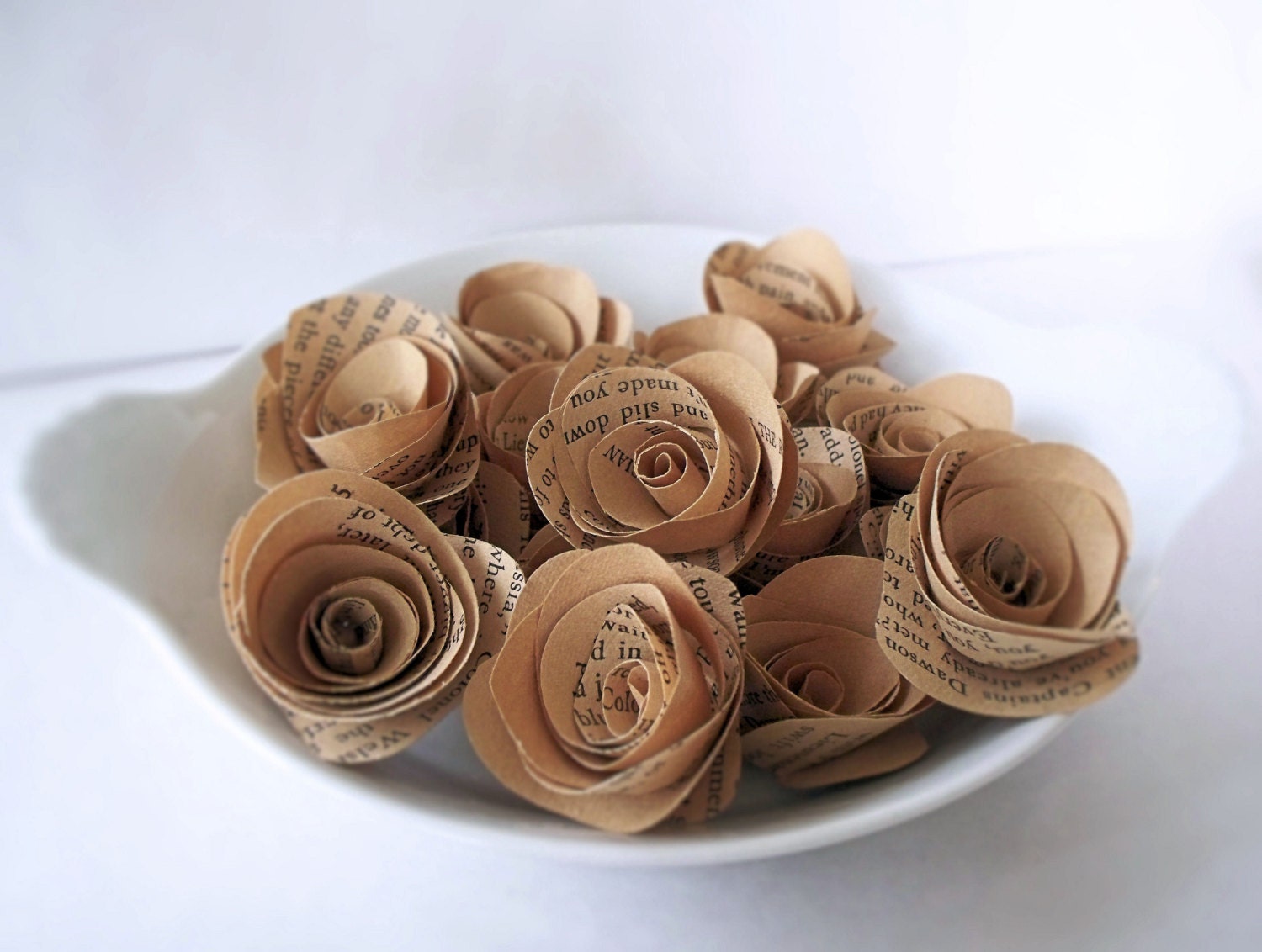 25 SMALL DARK Patina Paper Flowers made from Vintage Book Pages
