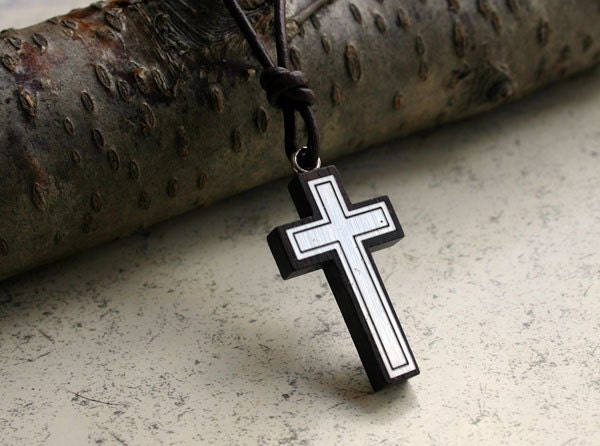 SALE Leather Surfer Necklace With Wooden Wood Stanless Steel Cross Pendant