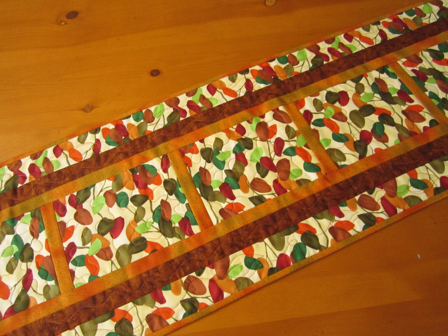 Handmade Table Runner Scattered Leaves Quilted Tablerunner