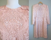Edwardian Style Dress Vintage Rose Pink Lace 1980s Medium