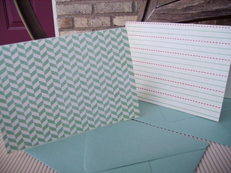 Herringbone and Ruled Note Cards - Aqua Mint Blue Red Ivory Stationery, Lined School Paper Herringbone Card Set