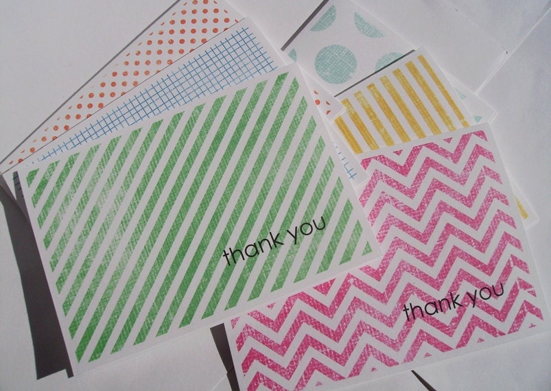 Thank You Cards - Shabby Chic Thank You Notes Modern Patterns, Spring Summer Thank You Card Set Green Blue Mint Orange Yellow Raspberry