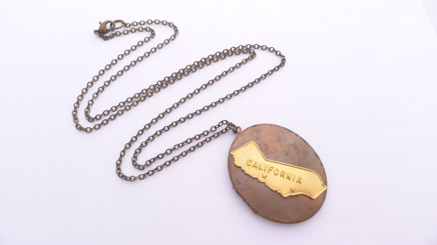 California Dreamin' Locket, Gold California on Vintage Copper and Brass Locket, Long Chain Necklace, Handmade Jewelry