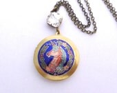Cloisonne Vintage Unicorn Locket, Long chain Necklace with Vintage Clear Gem, Handmade Jewelry