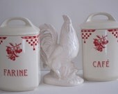 Le Comptoir De Famille Farine and Cafe Cannister Set of 2 Red Damier Country French Country Kitchen Cherries