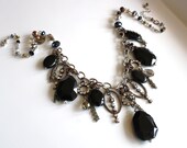 Black Onyx Fringe Style Necklace With Antique Brass Rhinestone Accents OOAK