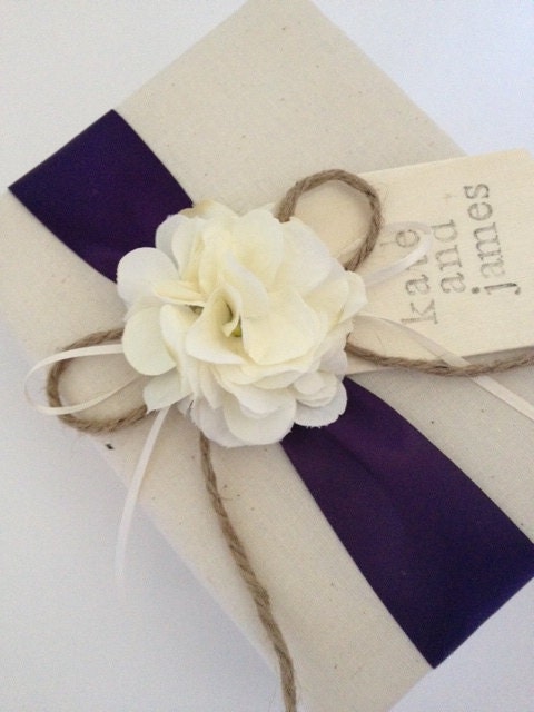Custom Wedding Photo Album - Rustic Ivory Hydrangeas, Eggplant Purple Ribbon - Hand Stamped, Personalized, and Gift Wrapped - Free Shipping