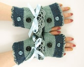 Knit fingerless gloves arm warmers fingerless mittens women aqua blue tweed lace romantic victorian tagt team