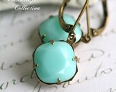 Mint Swarovski Crystal Earrings, Cushion Cut, Estate Style Earrings, Alabaster Mint