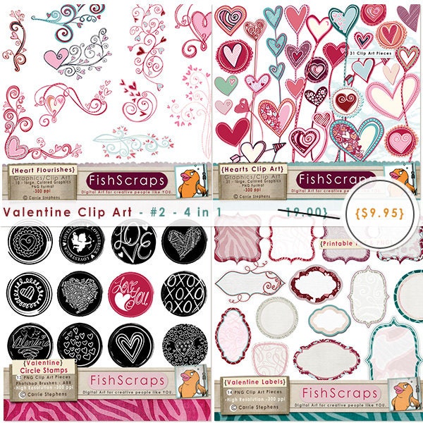 Valentine Labels and Hearts - SALE - Special Offer (4 in 1) Graphics Pack - Hand Drawn Digital Clip Art - Doodles - Flourishes and Stamps Il_170x135