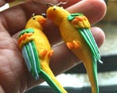 Vintage 80s Artist Designed Tropic Yellow and Green  Parrot Earrings