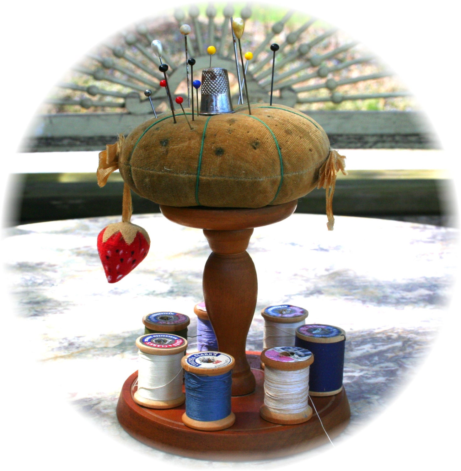 Antique Wooden Pedestal Pin Cushion Thread Spool holder  Vintage Sewing or hat Pins GREAT Display
