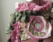 Upcycled Clothing / Pink and Green Tattered Fabric Ruffle Scrap Scarf with Matching Flower Brooch / Women Accessories Scarves / Mori Girl