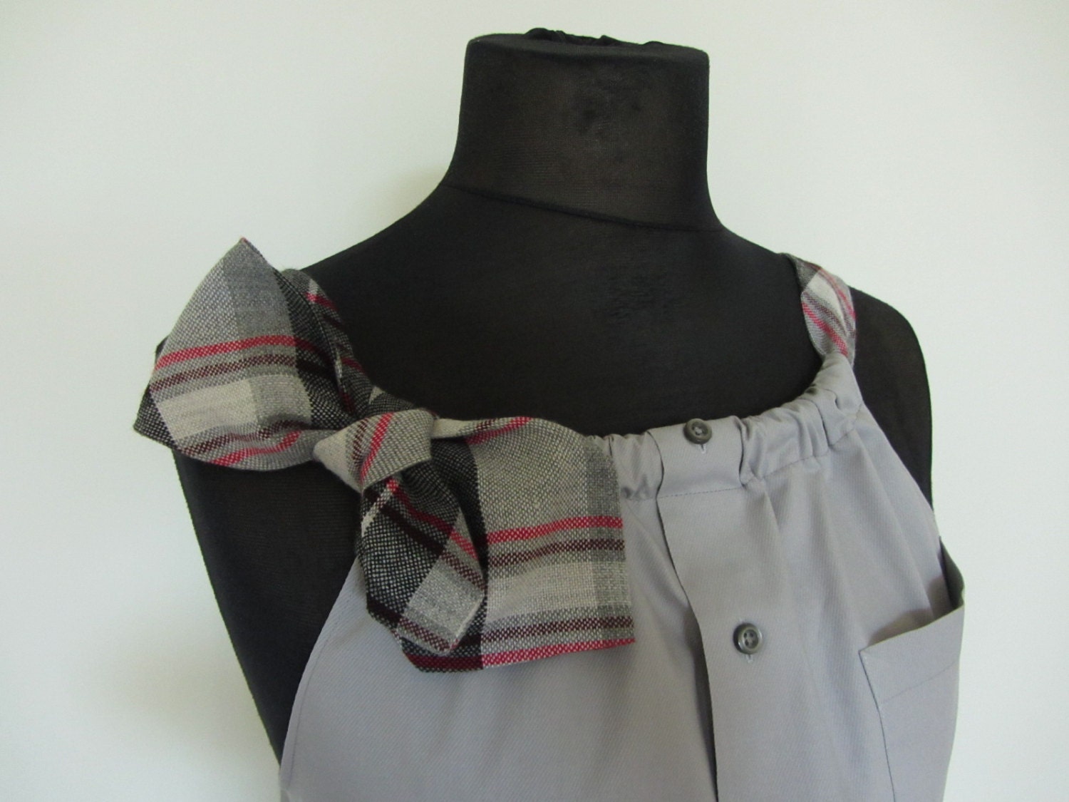 Upcycled Clothing / Gray Boyfriend Tank Top with Two Neckties Shoulder Straps / Women Tops Tank / made from mens shirt and neckties