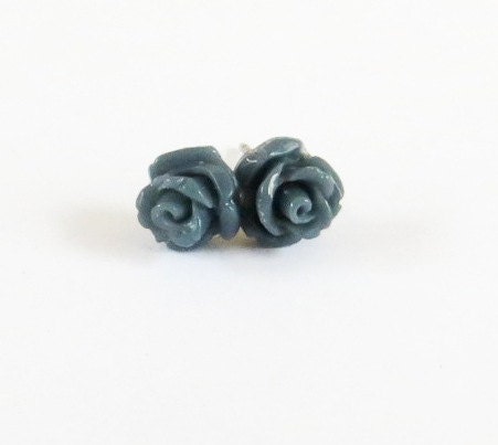 Tiny Navy Blue Rose Earrings- Surgical Steel Post Earrings- 7mm  Navy Roses