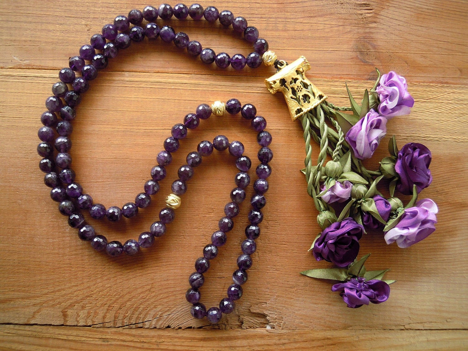 worry beads, necklace, 99 prayer beads, amethyst, purple, lilac, ribbon flower, kaftan