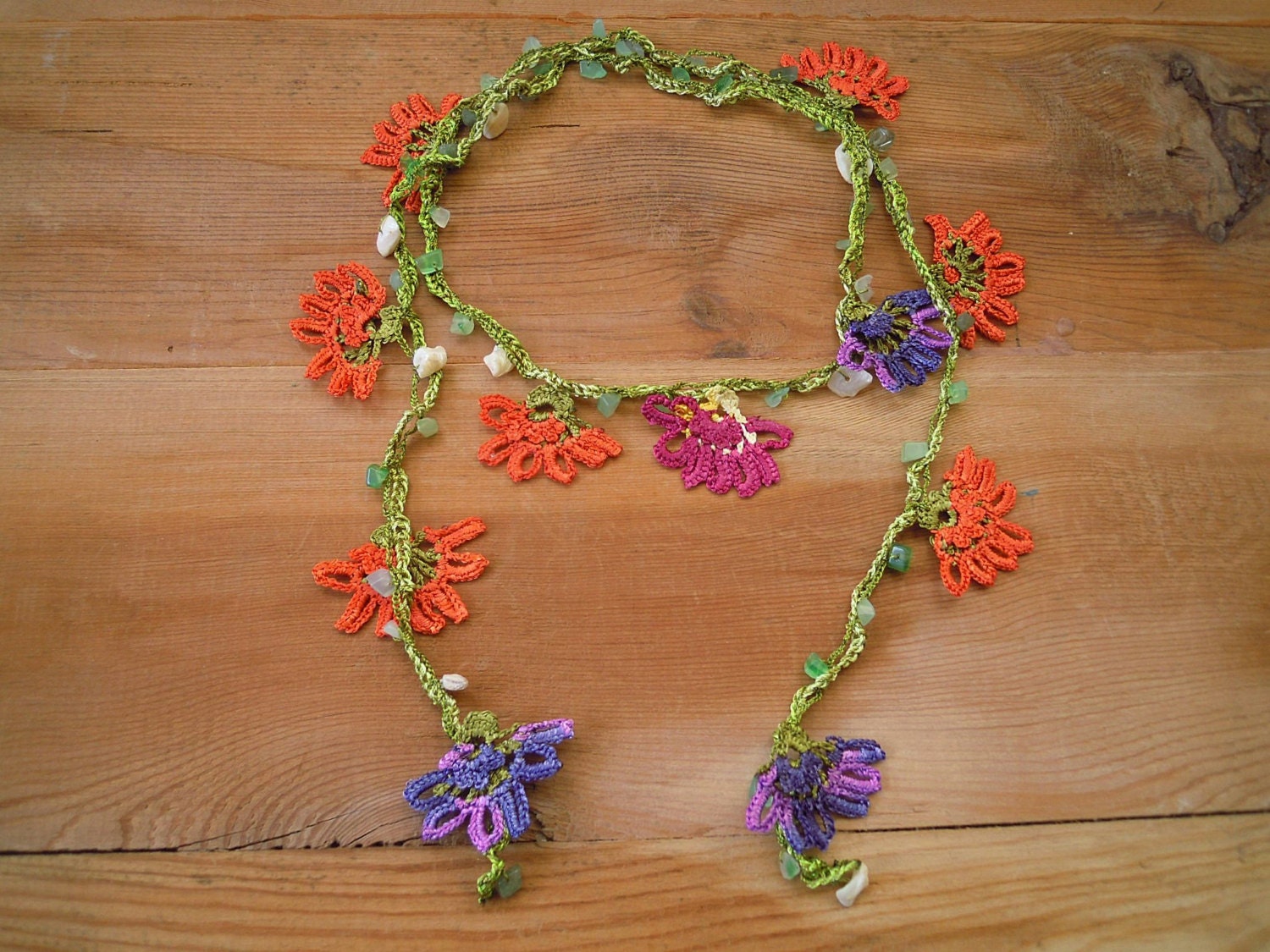 crochet lariat necklace, flower, orange, purple, violet, green