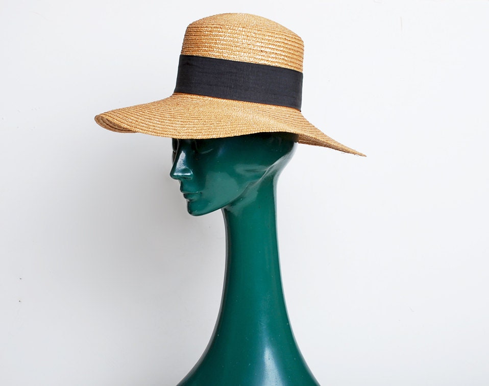 Vintage 60s 70s Wide Brim Natural Straw Grosgrain Ribbon Hat
