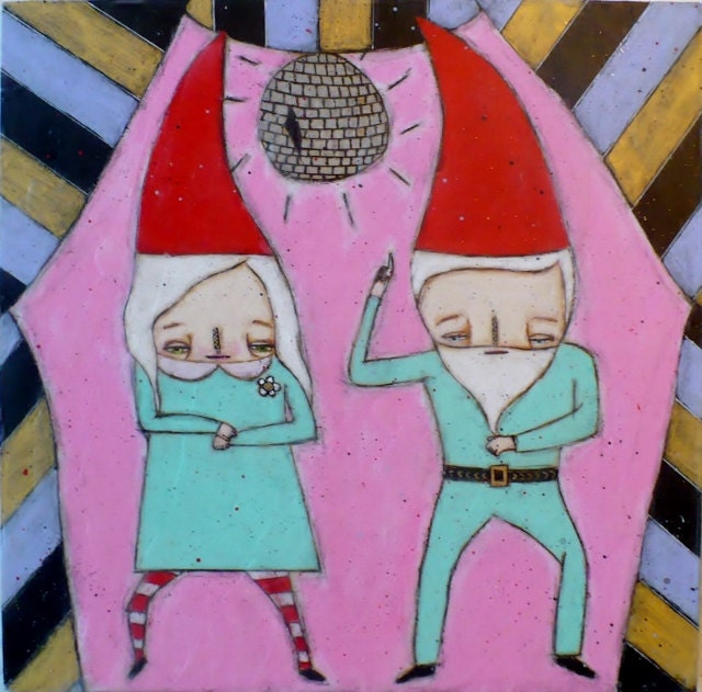 Dancing Gnome Original Lia Lane painting beeswax Mixed MEdia art Wood Burned Painting
