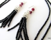 Black spinel earrings with rubies, fine jewelry gemstone tassel earrings, solid sterling silver