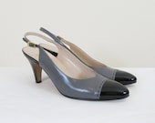 Vintage Black Patent Leather Sling-Back Heels / Size 8 / Designer SALVATORE FERRAGAMO
