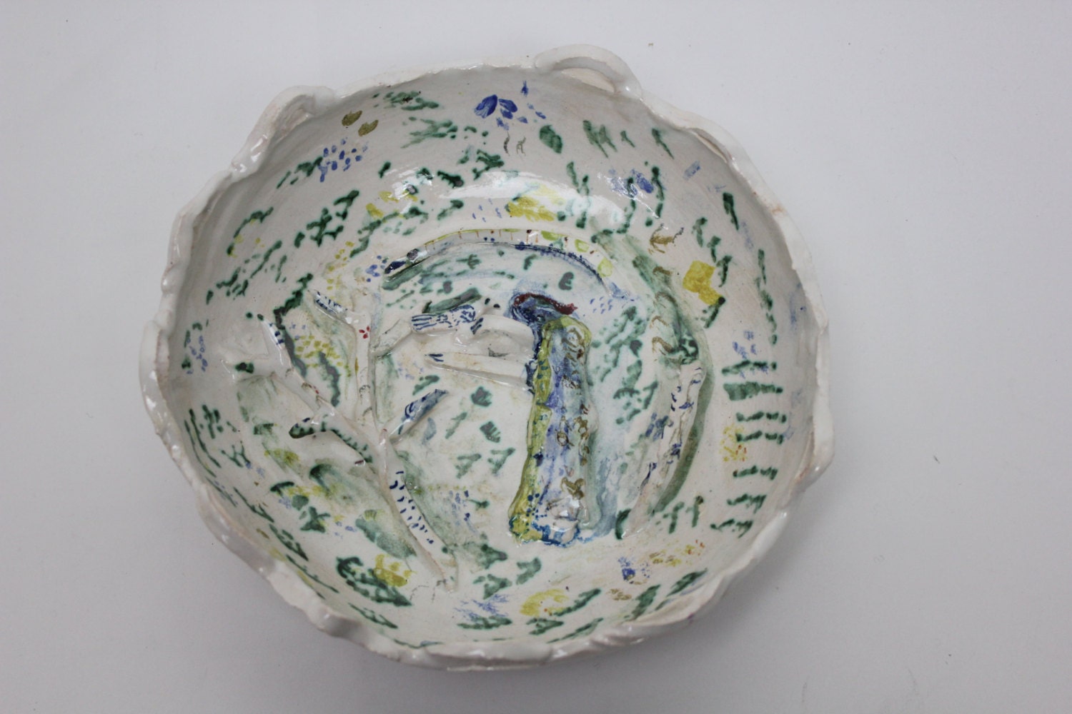 Bowl with 3d scene of woman with bird and snake