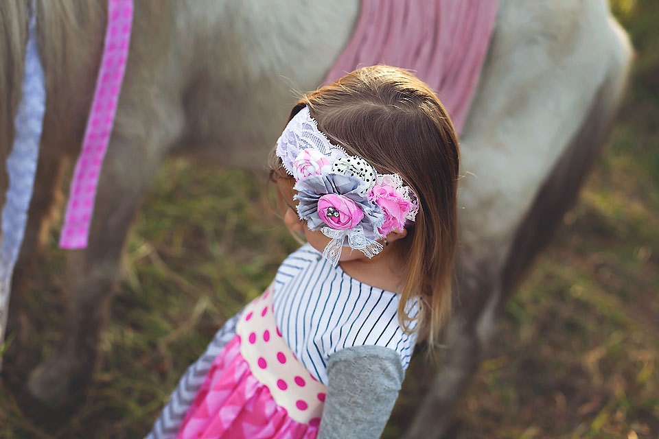 Farrah-ruffle and rosette headband with chiffon flower and lace on lace elastic