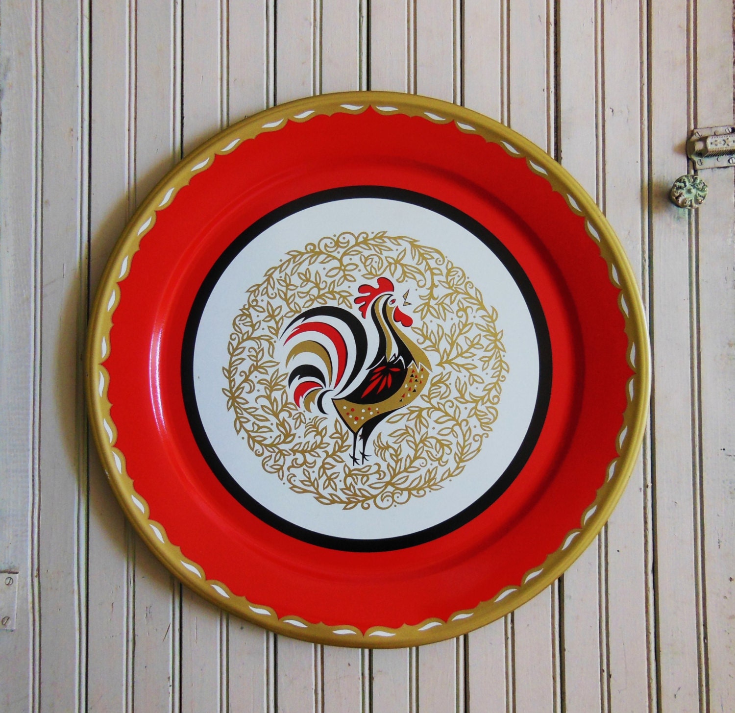Mid Century Modern Red Tray Metal Vintage Bird Rooster