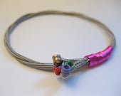 Guitar String Twist Bangle - Silver String with Hot Pink Wire Wrap - Mixed Color Ball Ends - Handmade Recycled Jewelry