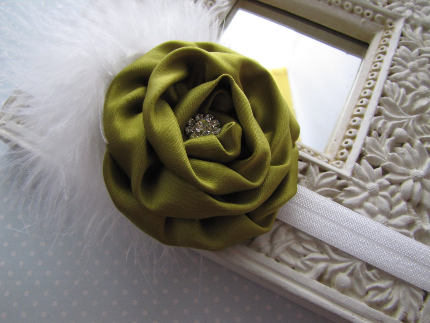Olive . elastic headband . satin rolled rose . rhinestone button . toddler hair accessory . green white